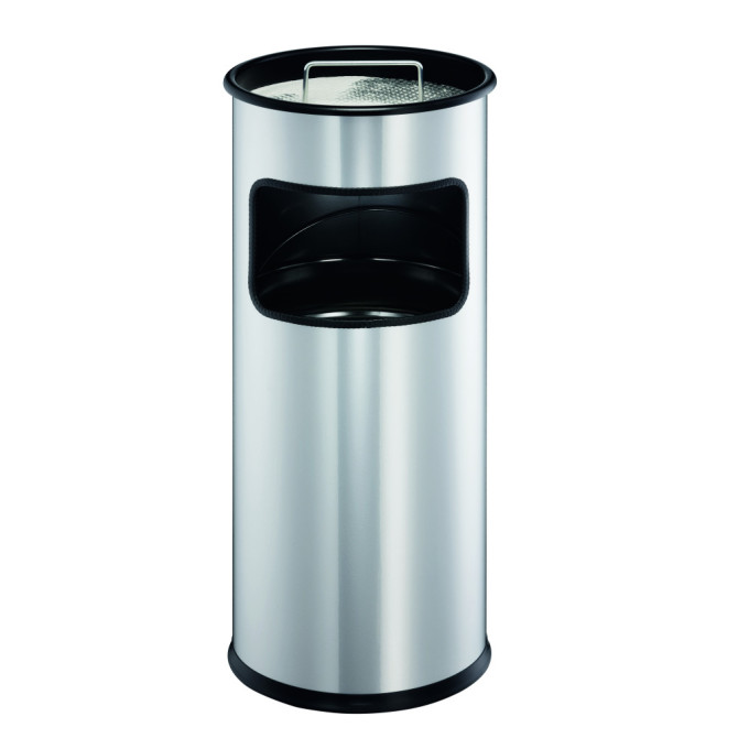 1 Ud Papelera Metal 17L Circular con Cenicero Metálico Plateado